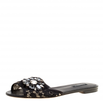 Pre Owned Dolce and Gabbana Black Lace Sofia Crystal Embellished Slides Size 37.5