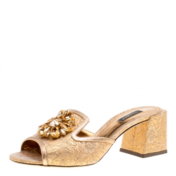 Pre Owned Dolce and Gabbana Gold Jacquard Crystal Embellished Peep Toe Mules Size 38