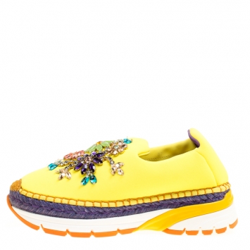 Pre Owned Dolce & Gabbana Yellow Neoprene Barcelona Embellished Slip On Sneakers Size 37