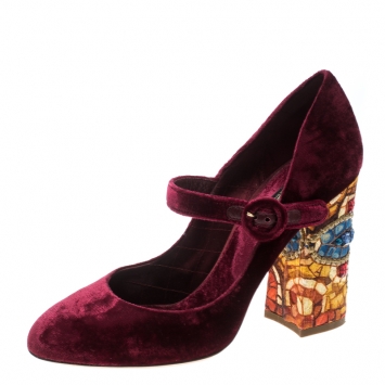 Pre Owned Dolce and Gabbana Burgundy Velvet Crystal Embellished Heel Mary Jane Pumps Size 38