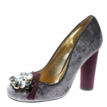 Pre Owned Dolce and Gabbana Pale Purple Velvet Crystal Embellished Bow Detail Block Heel Pumps Size 36