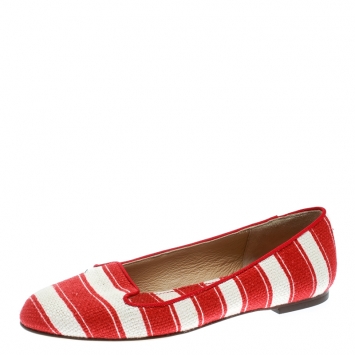 Pre Owned Dolce and Gabbana Red/White Striped Canvas Flats Size 36