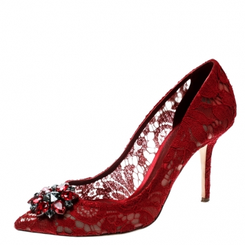 Pre Owned Dolce and Gabbana Red Lace Bellucci Crystal Embellished Pointed Toe Pumps Size 40.5
