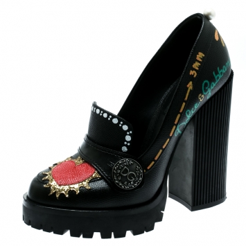 Pre Owned Dolce and Gabbana Black Leather Edna Hand Printed Block Heel Loafer Pumps Size 39
