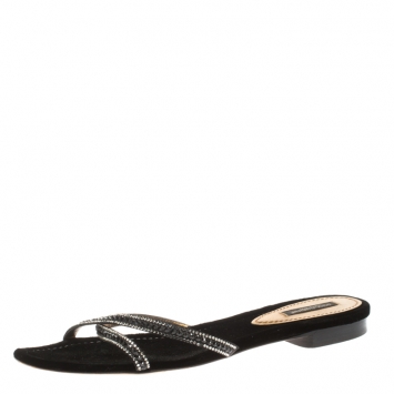 Pre Owned Dolce And Gabbana Black Crystal Embellished Satin Cross Strap Flat Slides Size 39