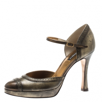 Pre Owned Dolce and Gabbana Metallic Dull Gold Brogue Leather Ankle Strap D'orsay Pumps Size 37
