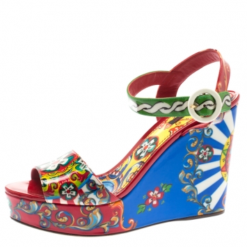 Pre Owned Dolce and Gabbana Multicolor Floral Printed Patent Leather Sicily Platform Wedge Sandals Size 40