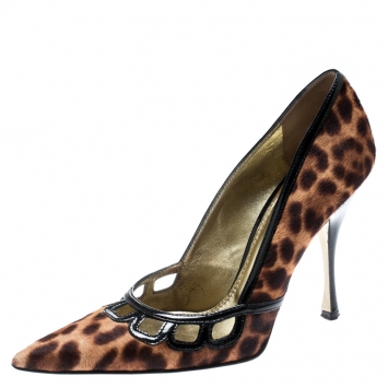 Pre Owned Dolce and Gabbana Leopard Print Pony Hair Pointed Toe Pumps Size 38.5
