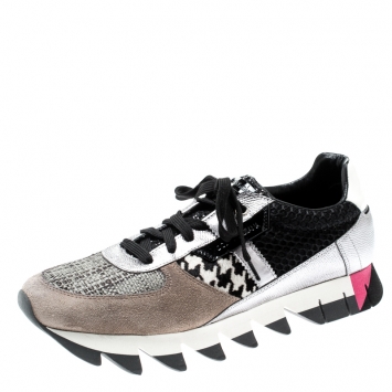 Pre Owned Dolce And Gabbana Tricolor Leather, Mesh And Pony Hair Patchwork Capri Sneakers Size 41