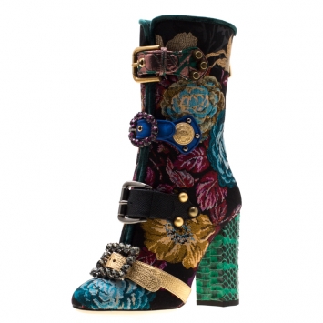 Pre Owned Dolce and Gabbana Multicolor Floral Jacquard Fabric Crystal Embellished Buckle Block Heel Mid Calf Boots Size 40
