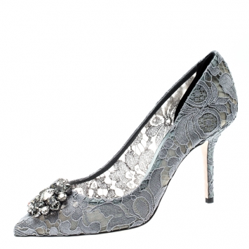 Pre Owned Dolce and Gabbana Grey Lace Bellucci Crystal Embellished Pointed Toe Pumps Size 40