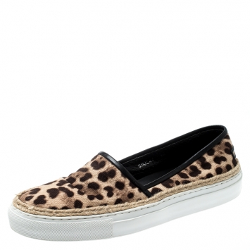 Pre Owned Dolce And Gabbana Brown/Beige Leopard Print Canvas Espadrille Slip On Sneakers Size 39