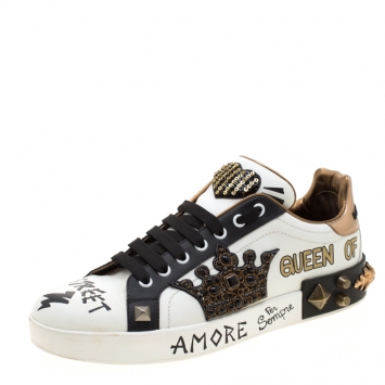 Pre Owned Dolce and Gabbana Monochrome Leather Portofino Crown Sneakers Size 41