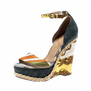 Pre Owned Dolce and Gabbana Multicolor Printed Satin/Denim Ankle Strap Platform Wedge Sandals Size 38