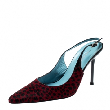 Pre Owned Dolce and Gabbana Red Leopard Print Pony Hair Pointed Toe Slingback Sandals Size 37