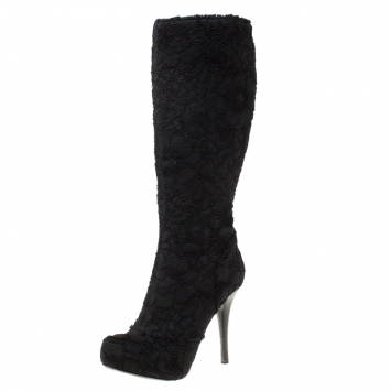 Pre Owned Dolce and Gabbana Black Floral Lace And Tweed Platform Boots Size 37