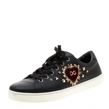 Pre Owned Dolce and Gabbana Black Leather Heart Low Top Sneakers Size 40