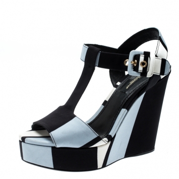 Pre Owned Dolce & Gabbana Tricolor Fabric T Strap Wedge Platform Sandals Size 35