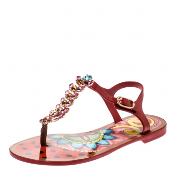 Pre Owned Dolce & Gabbana Multicolor Rubber Crystal Embellished Flat Thong Sandals Size 37