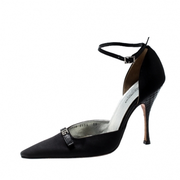 Pre Owned Dolce and Gabbana Black Satin Embellished Bow Ankle Strap Sandals Size 38