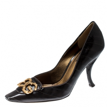 Pre Owned Dolce & Gabbana Black Eel Skin Metal Logo Pumps Size 39