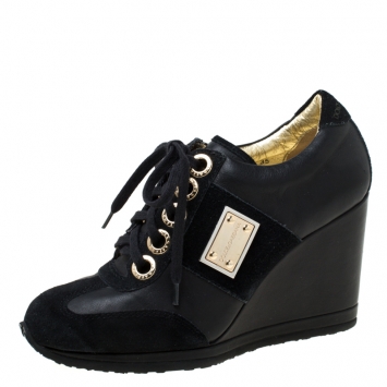 Pre Owned Dolce and Gabbana Black Leather and Suede Lace Up Wedge Sneakers Size 35