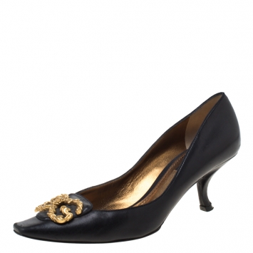 Pre Owned Dolce and Gabbana Black Leather Logo Detail Pumps Size 37.5