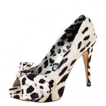 Pre Owned Dolce & Gabbana White/Black Leopard Print Satin Bow Peep Toe Platform Pump Size 38.5