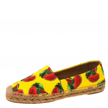 Pre Owned Dolce and Gabbana Yellow/Red Watermelon Print Canvas Espadrilles Size 37