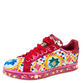 Pre Owned Dolce and Gabbana Multicolor Floral Print Leather Lace Up Sneakers Size 39