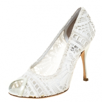 Pre Owned Dolce and Gabbana White Lace Peep Toe Pumps Size 39