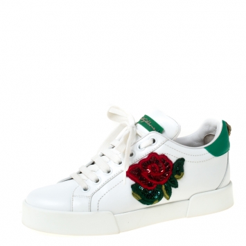 Pre Owned Dolce and Gabbana White Leather Flower Embellished Lace Up Sneakers Size 35