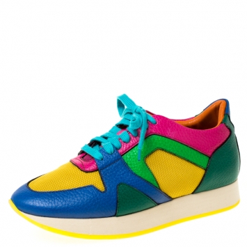 Pre Owned Burberry Multicolor Leather And Mesh Lace Up Sneakers Size 37.5