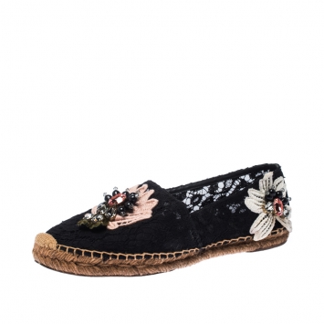 Pre Owned Dolce and Gabbana Black Lace Floral Embellished Slip On Espadrilles Size 40
