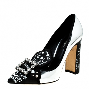 Pre Owned Dolce and Gabbana Metallic Silver/Black Leather Alphabet Crystal Embellished Pointed Toe Pumps Size 39.5