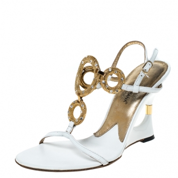 Pre Owned Dolce & Gabbana White Leather Embellished Sandals Size 36.5