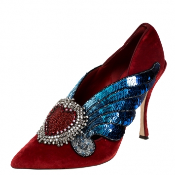 Pre Owned Dolce & Gabanna Red Lori Velvet Heart Embroidered Pointed Toe Pumps Size 40