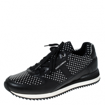 Pre Owned Dolce & Gabanna Black/White Polka Dots Leather Lace Sneakers Size 38