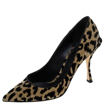 Pre Owned Dolce and Gabbana Black/Gold Glitter Fabric Lori Leopard Print Pumps Size 37.5 