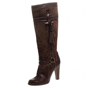 Pre Owned Dolce and Gabbana Brown Suede And Leather Tassel Embellished Knee Length Boots Size 38.5