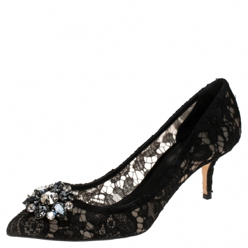 Pre Owned Dolce and Gabbana Black Lace Bellucci Crystal Embellished Pumps Size 42
