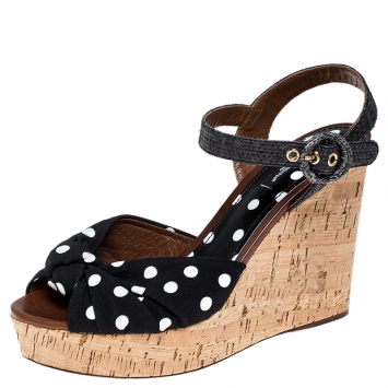 Pre Owned Dolce & Gabbana Black Polka Dot Raffia And Fabric Cady Cork Wedge Platform Sandals Size 39.5