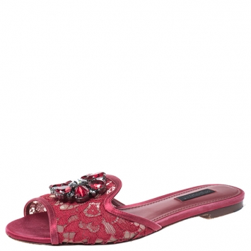 Pre Owned Dolce and Gabbana Red Lace And Satin Crystal Embellished Bianca Flat Slides Size 37