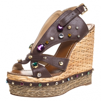 Pre Owned Dolce and Gabbana Brown Leather Crystal And Stud Embellished Raffia Wedges Size 40
