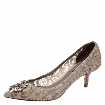 Pre Owned Dolce & Gabbana Beige Lace Belluci Embellished Pointed Toe Pumps Size 38