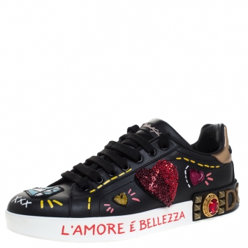 Pre Owned Dolce and Gabbana Black Leather Portofino Embellished Low Top Sneakers Size 40