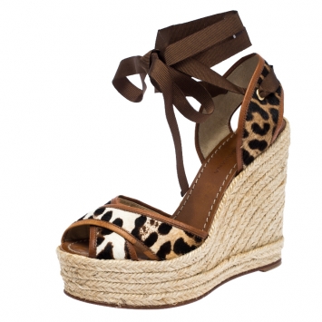 Pre Owned Dolce and Gabbana Leopard Pony Hair and Leather Ankle Wrap Espadrille Wedges Size 37