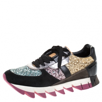 Pre Owned Dolce and Gabbana Multicolor Suede, Glitter Fabric And Leather Mix and Match Sneakers Size 38.5