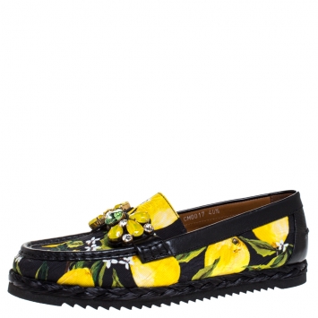 Pre Owned Dolce and Gabbana Yellow/Black Lemon Print Fabric and Leather Crystal Embellished  Loafers Size 40.5