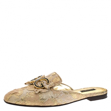Pre Owned Dolce and Gabbana Gold Brocade Fabric Logo Slide Mules Size 40